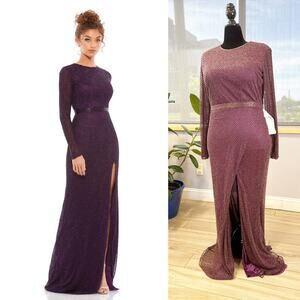 BEADED HIGH NECK LONG SLEEVE GOWN WITH DETAILED BELT 5056 Size 16